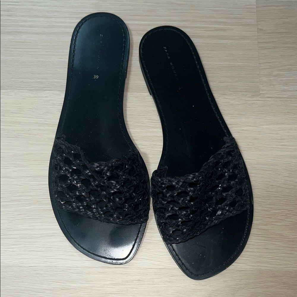 Zara Black Woven Slide Sandals